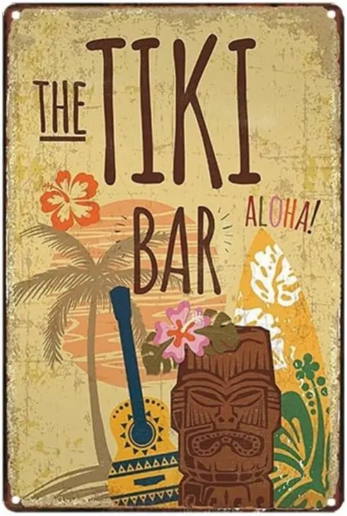 The Tiki Bar Aloha Hawaii Style Summer Tree Beach Surfing Metal Tin Sign