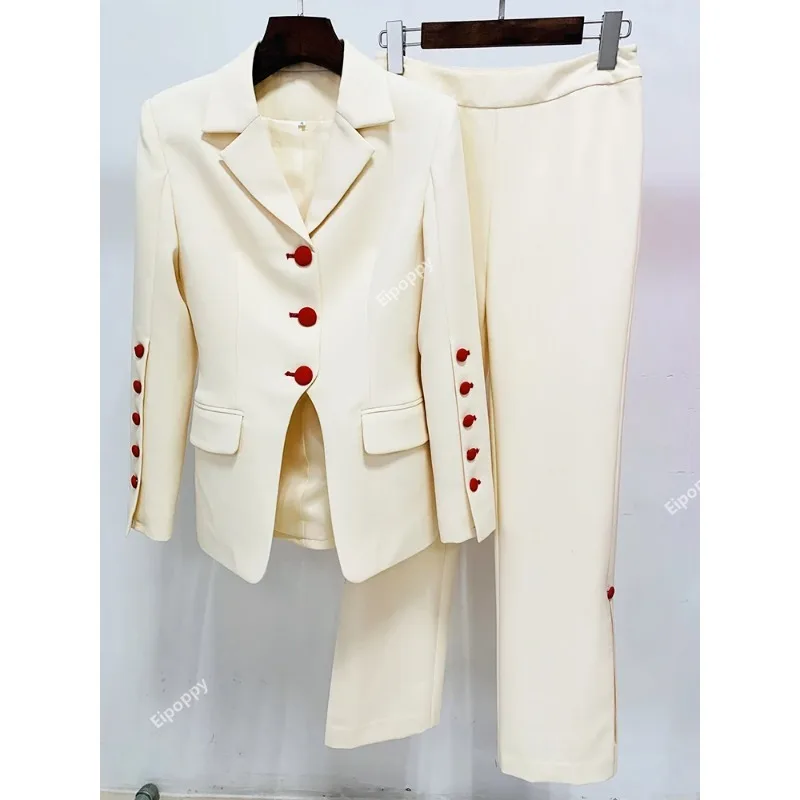 2024 Newest Designer Fashion Runway Suit Set Women's Stylish Color Buttons Trim Blazer Slit Pants Suit