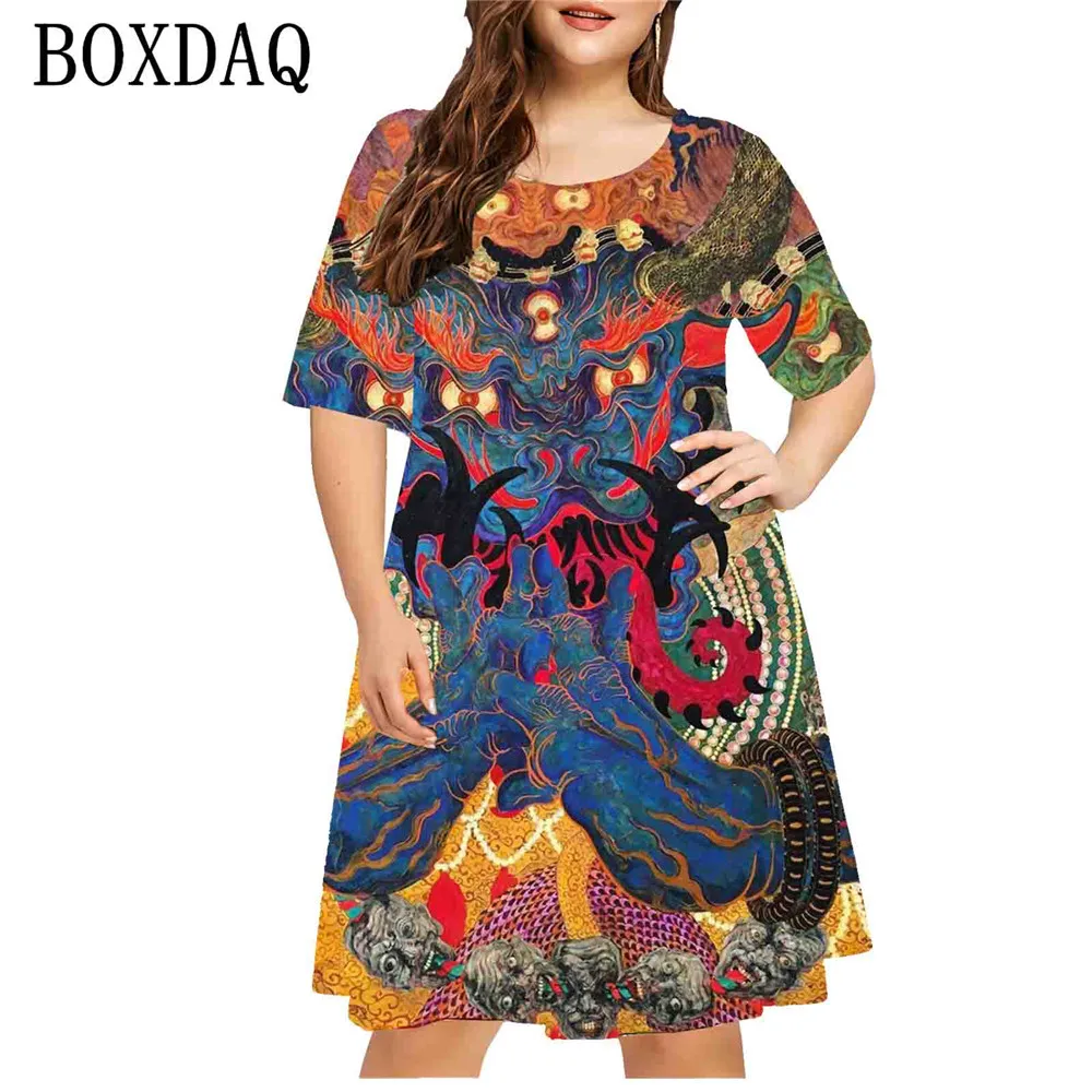 Mulheres com pintura 3D Horror Padrão Vestido, Vestidos de manga curta, solto, Pintura, Linha A, Plus Size, Streetwear Casual, 2024