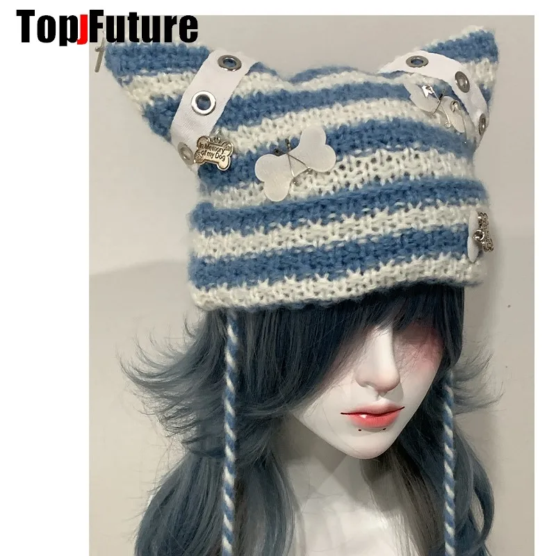 Y2K girl Harajuku Gothic Lolita cat Ear Hat Women Punk Designer Winter Beanie Hat Gothic lolita  streetwear Bone Accessories Cap