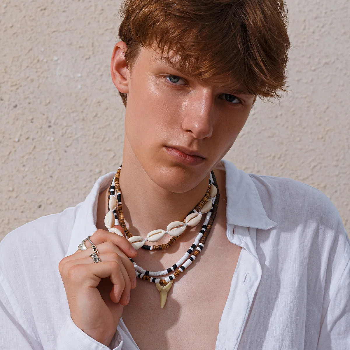 Retro Men Shell Teeth Multi-layer Chain Necklace Hip Hop Exaggerated Jewelry Bohemian Necklace Set Accessories Gifts