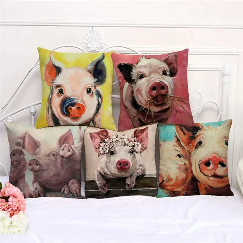 

Cute Pets Oil Painting Pillow Cases Pink Pig Flower Yellow Anime Pillow Garden Chair Sofa PillowCase for Girls Room 45X45 50X50