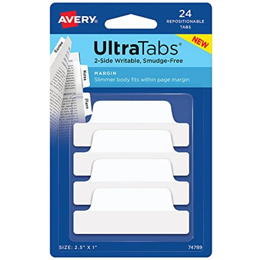 

Margin Ultra Tabs, 2.5" x 1", 2-Side Writable, White, 24 Repositionable Page Tabs 74789