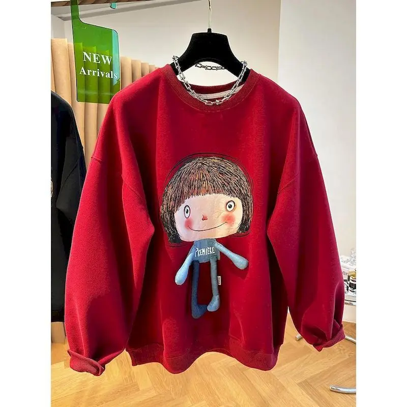 Women\'s Pullover Tops Cute Cartoon Girl Printed Pink Pullovers Loose Casual O-neck Top Fashion Design Sweatshirts Autumn Winter