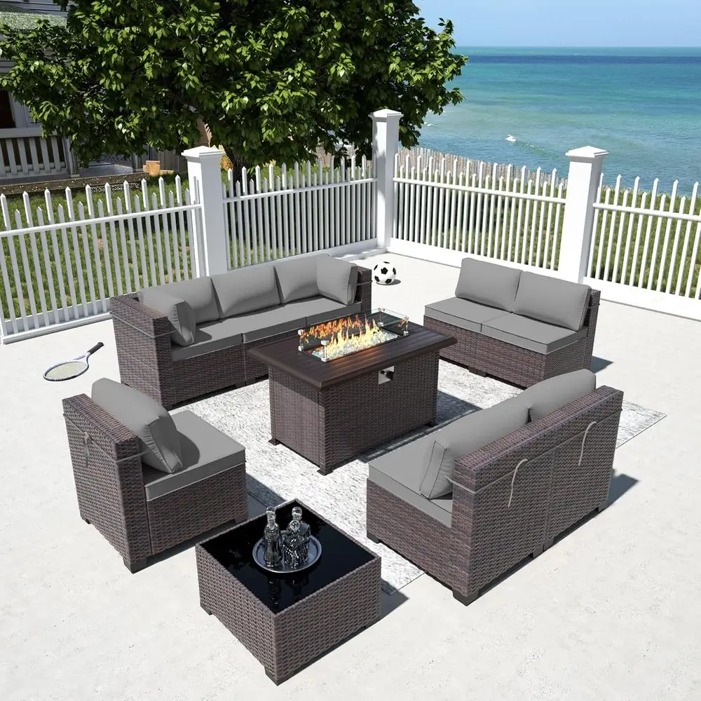 

10 Pieces Outdoor Patio urniture Set,Outdoor Sectional urniture with 43" 55000 Gas Propane ire Pit Table,All Weather PE Rattan W