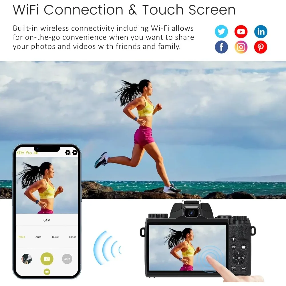 كاميرا رقمية، كاميرات 4K للتصوير الفوتوغرافي والفيديو، كاميرا تسجيل فيديو بشاشة لمس WiFi بدقة 64 ميجابكسل ليوتيوب مع فلاش، بطاقة 32 جيجابايت