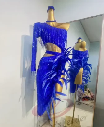 Latin Dancer Adult Children High-End Customized Large Feather Bead Tube Tassel Tango Samba AB Stone Performance Dress