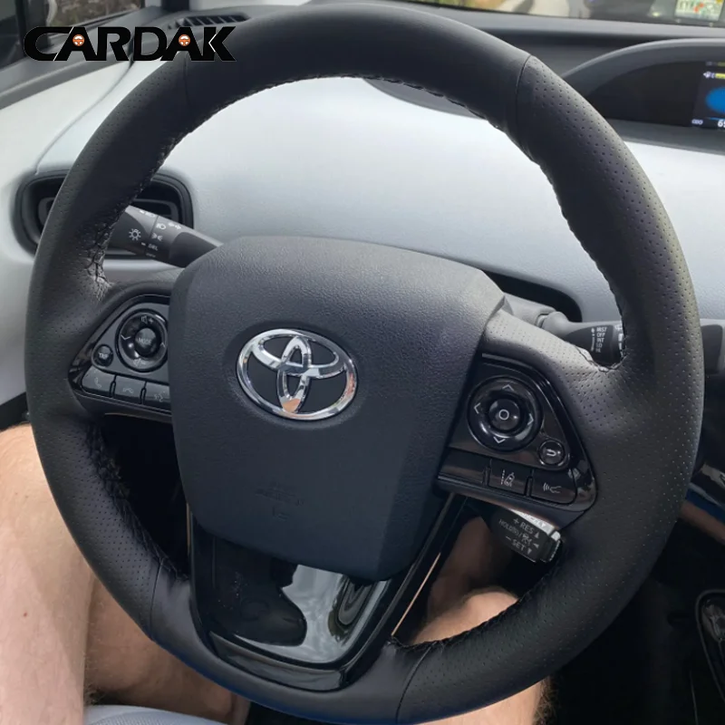 Full Black Leather Blue Marker Car Steering Wheel Cover for Toyota Prius IV Prius Prime Mirai 2015-2024