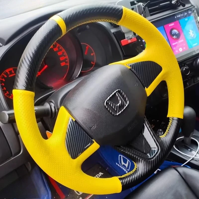 For Honda Fit City Gienia GREIZ 2014-2020 Hand-Stitched non-slip Yellow genuine Leather carbon fibre car Steering Wheel Cover