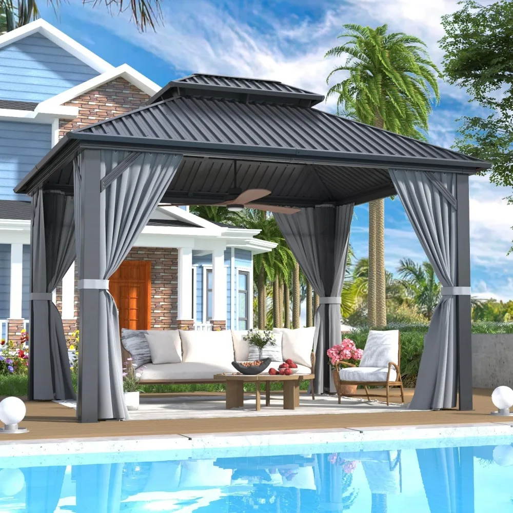 

10x12 FT Gazebo Hardtop Gazebo Aluminum Pergola with Aluminum Frame, Double Galvanized Steel Roof, Curtains and Netting