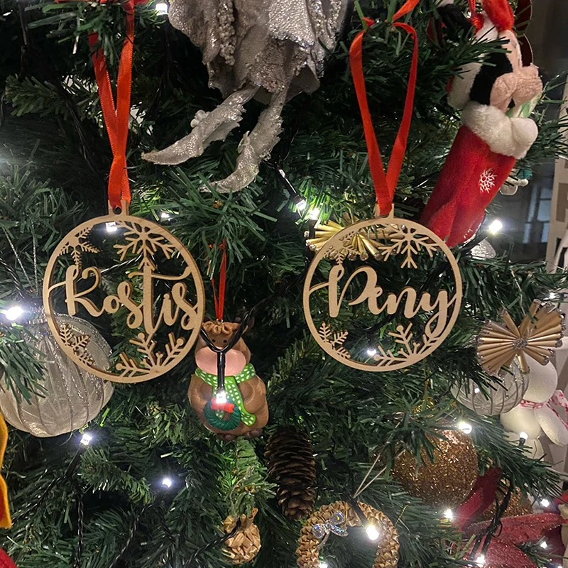 Personalized Name Christmas Ornaments, Custom Baubles Set, Wooden Hanging Gift, Laser Cut Snowflakes, Christmas Tree