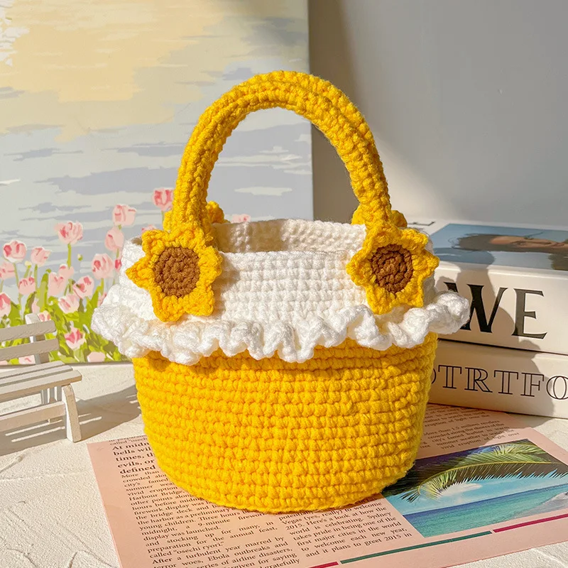 Hand Woven Sunflower Tote DIY Wool Crochet Retro Pastoral Style Lady Bag