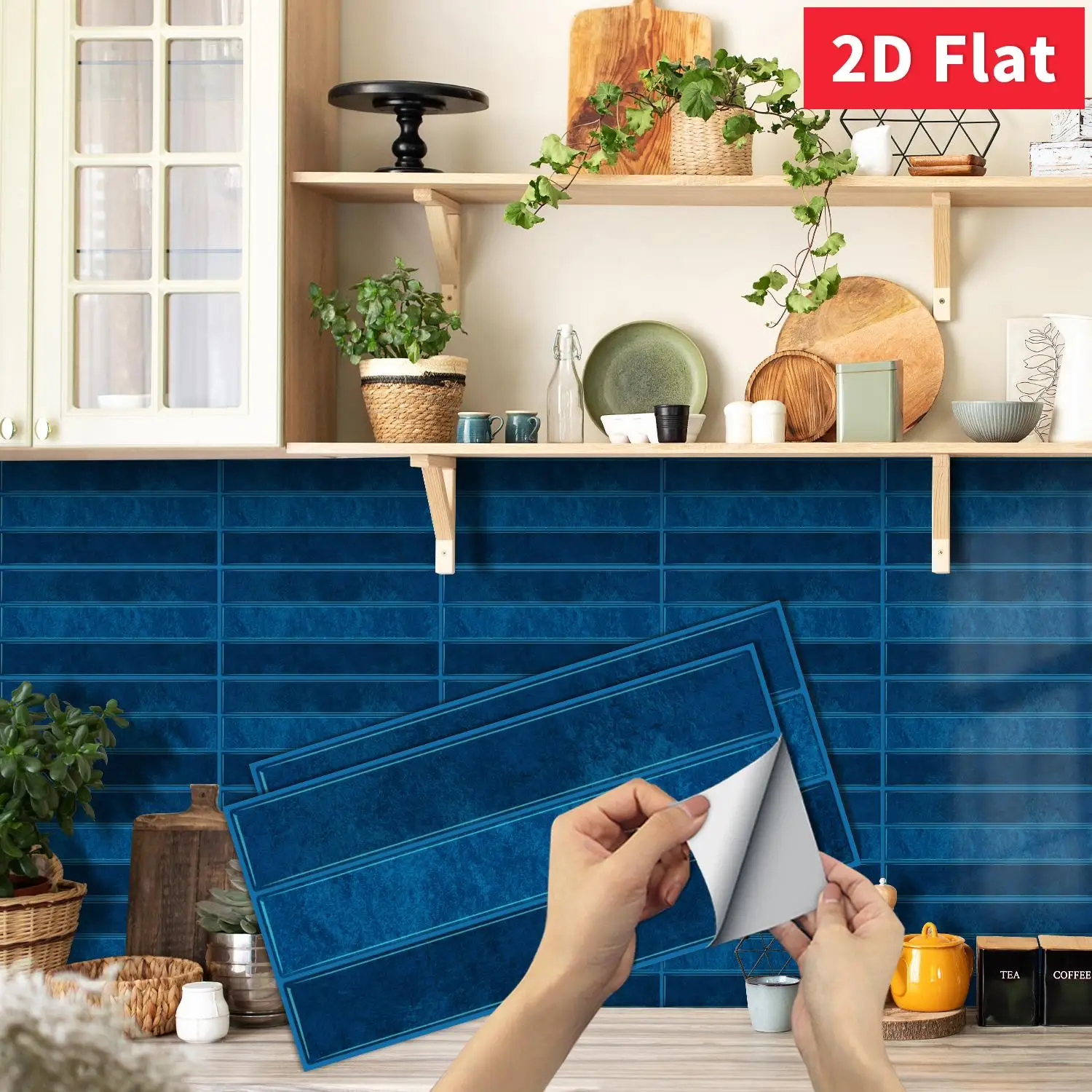 Deep Blue Textured Self‑Adhesive Wall Tile Stickers 11.81×5.91 inch 2D Flat for Kitchen Bathroom Wall Makeover