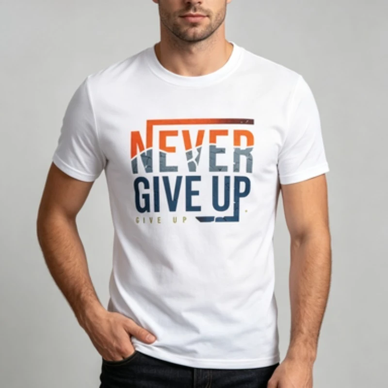 Tee Never Give Up Graphic Print Short Sleeve Encouraging Motivational Slogan Distressed Print Casual Street Style Mens T‑Shirt