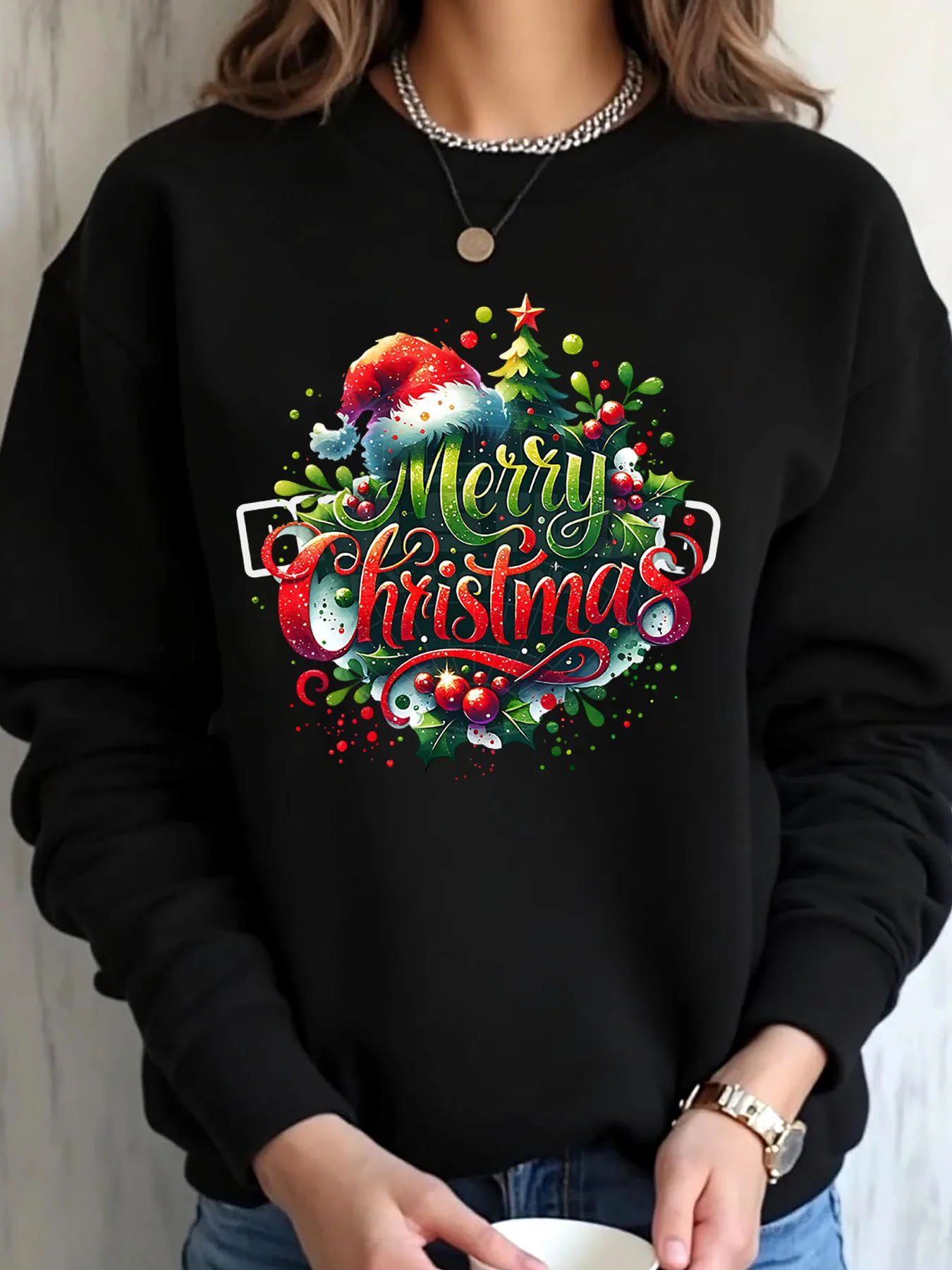 

Женская толстовка большого размера с рождественским принтом и рождественским принтом, уличная одежда