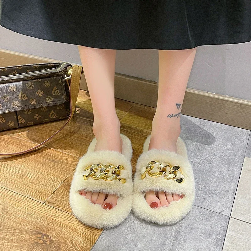 Fashion Designer Women Home Slippers Solid Color Open Toe Indoor 2024 Winter New Flat Non-slip Leisure Interior Female Shoes