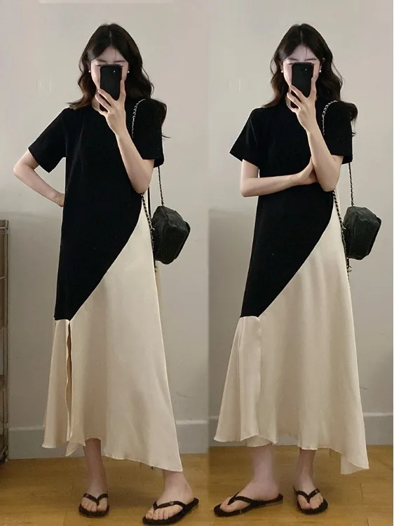 

plus Size Casual Summer Slimming T-Shirt Women's Dress with Pleated Hem Color Block Design Breathable Comfortable Urban Commute