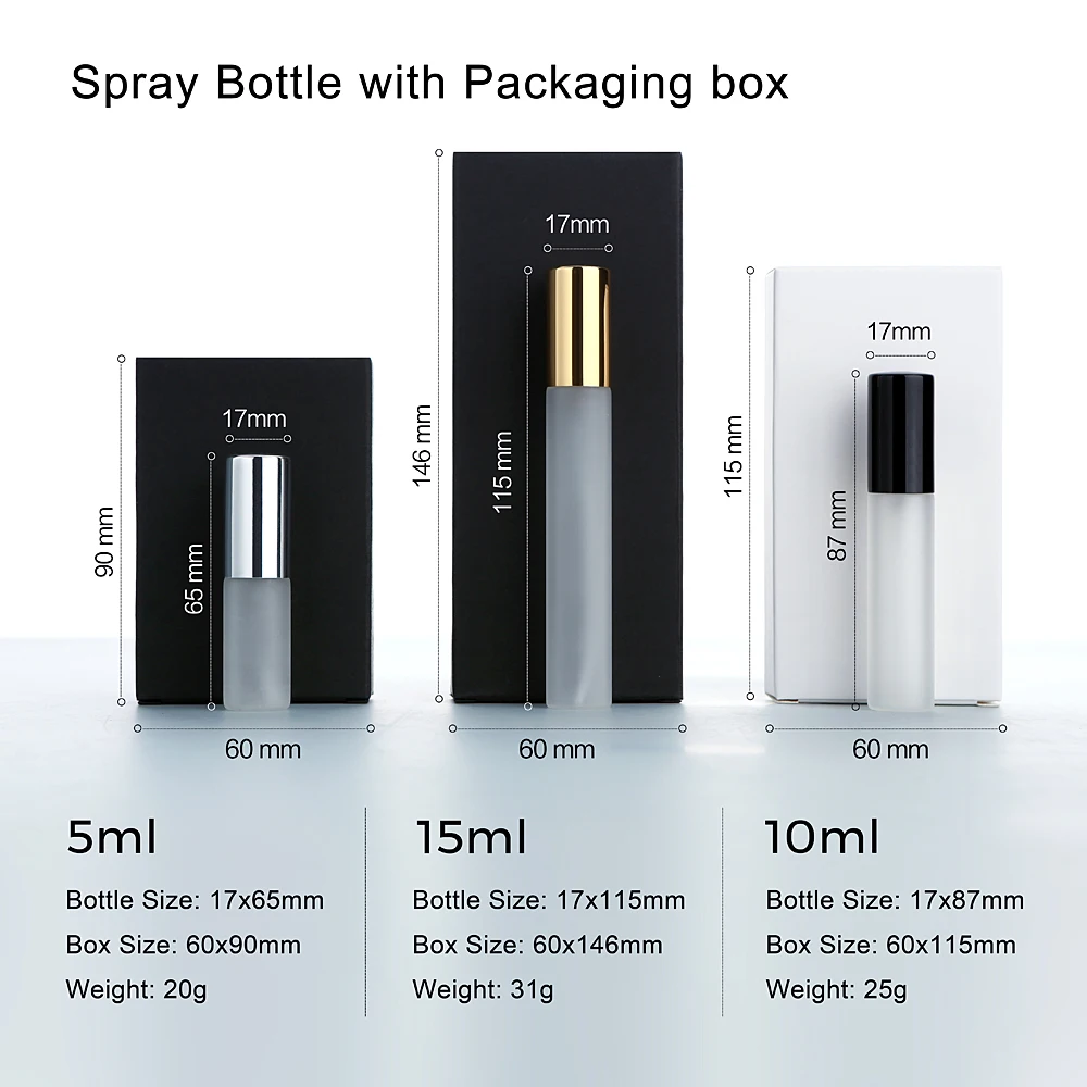 50Pcs 5/10/15ml 골드/실버/블랙 알루미늄 스프레이어 미세 안개 젖빛 유리 향수 스프레이어, 멀티 사이즈, 에코 재사용 가능, 박스 포함