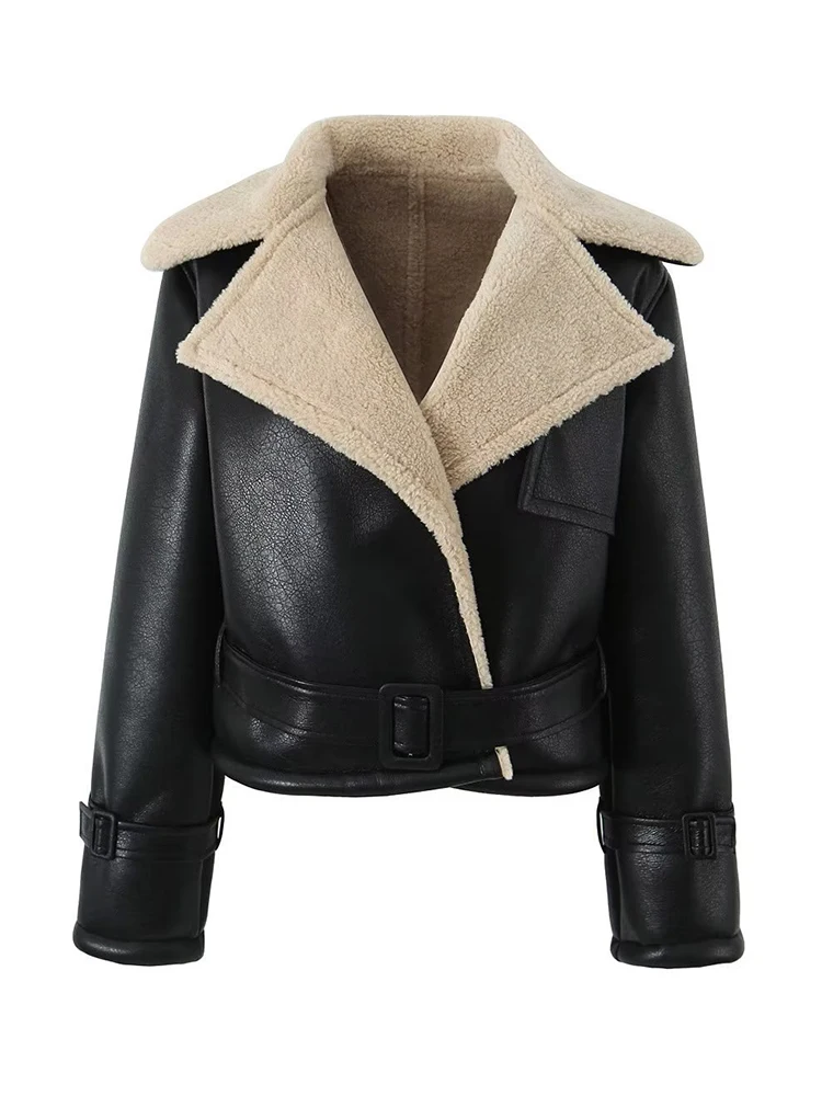 

Winter Autumn Streetwear New Women's Sheepskin Lamb Fur Coat Outerwear Lapel Collar Motorcycle Jacket Short Faux Leather Jacket