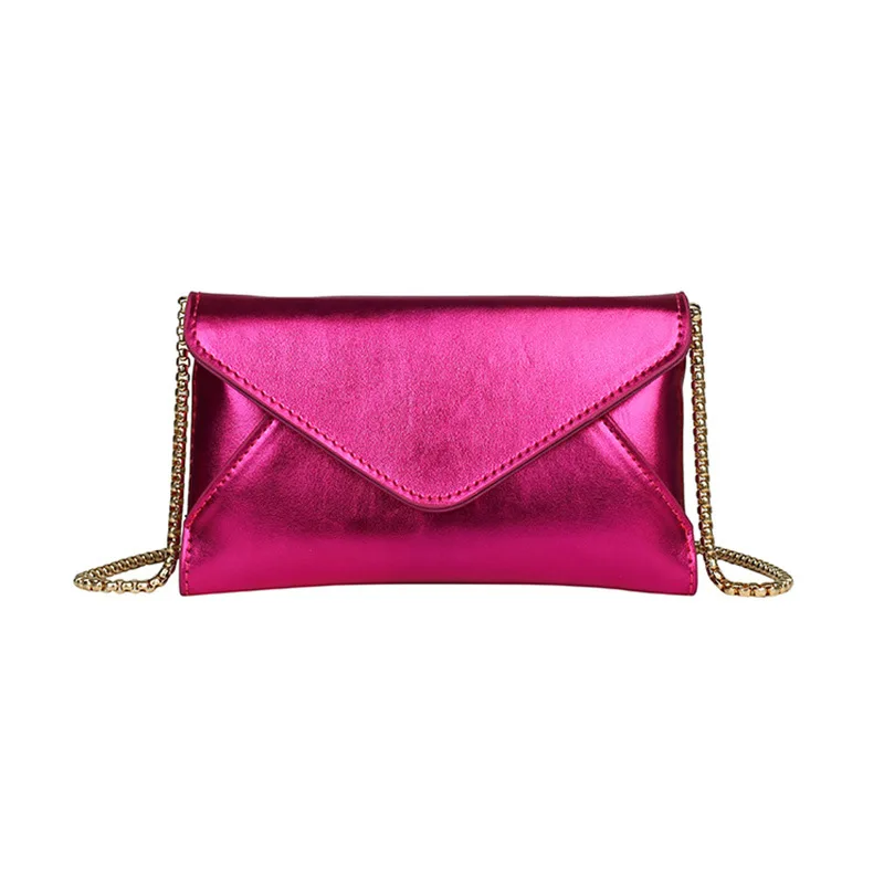 Mini bolsa envelope de couro brilhante para mulheres, corrente dourada luxuosa, bolsa crossbody, rosa quente meninas, bolsa celular, carteira, moda