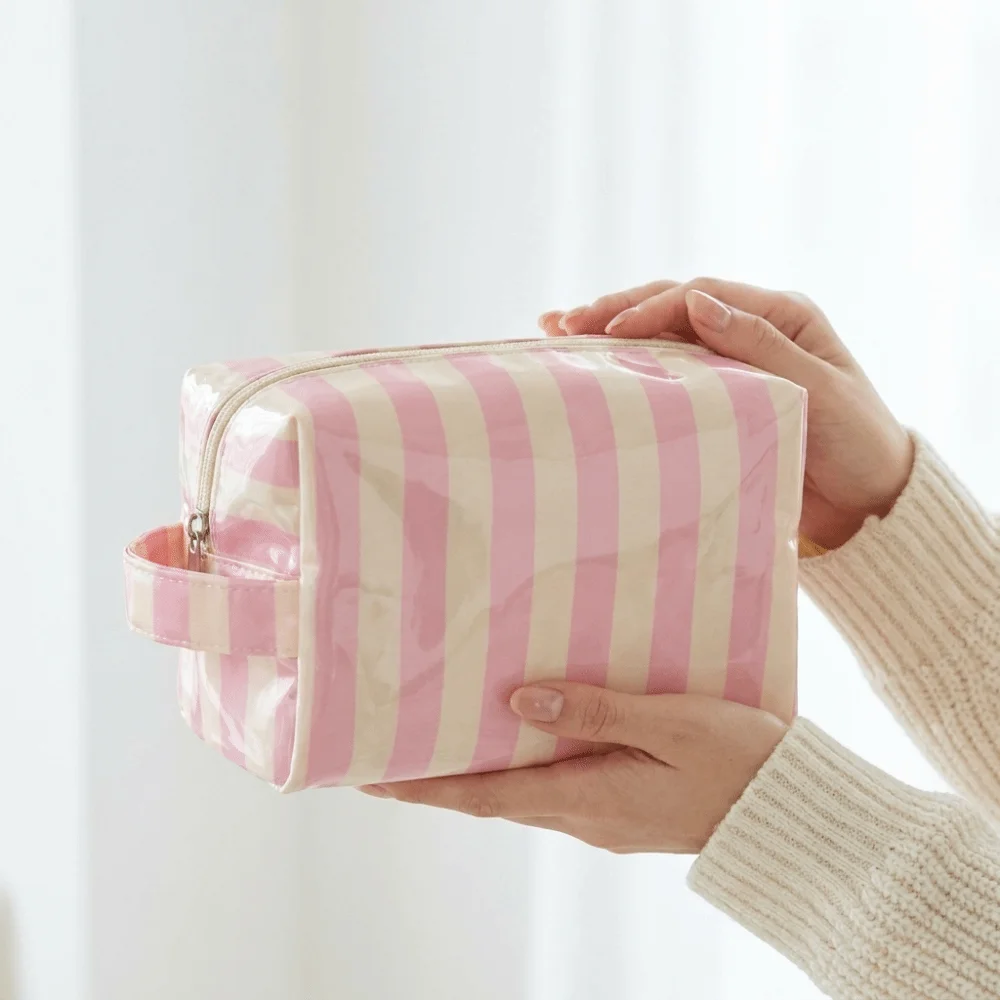 Gifts Waterproof Striped Toiletry Bag Large Capacity Pink PVC Makeup Organizer Portable Simple Travel Cosmetic Storage Bag Women