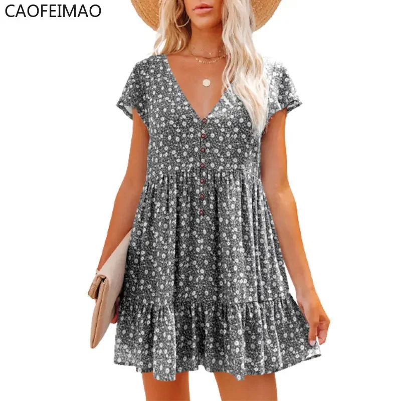 2023 Caofeimaoผู้หญิงหลวมVINTAGEแฟชั่นRuffles Befreeชุดลูกไม้ขนาดใหญ่เซ็กซี่ฤดูร้อนBoho Casual PARTY Elegant Dresses