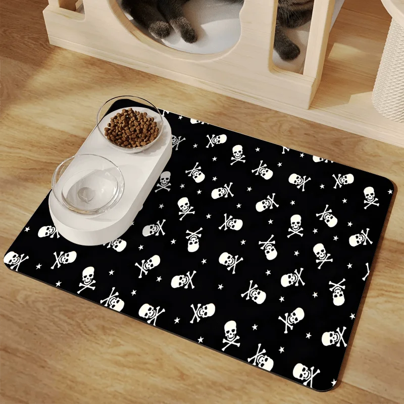 Pet Mat/Multi-size/Black & White Pirate Skull & Stars Design/Easy to Clean/Multiple Sizes/Ideal Gift for Halloween