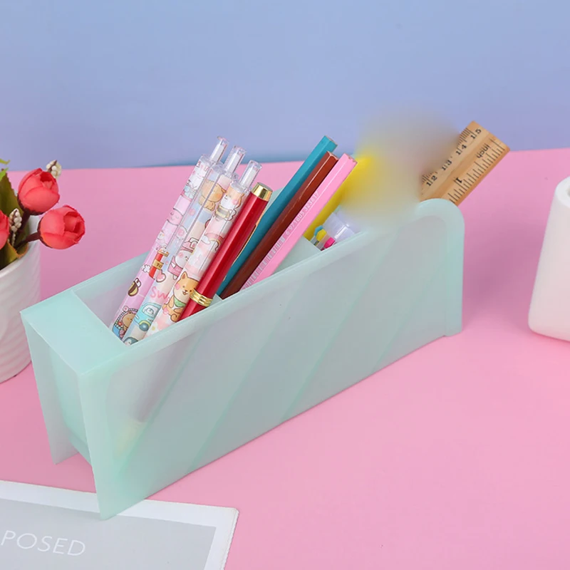 4Grid Macaron Color Oblique Insertion Desktop Organizer Pen Holder Pencil Makeup Brush Storage Box School Stationery