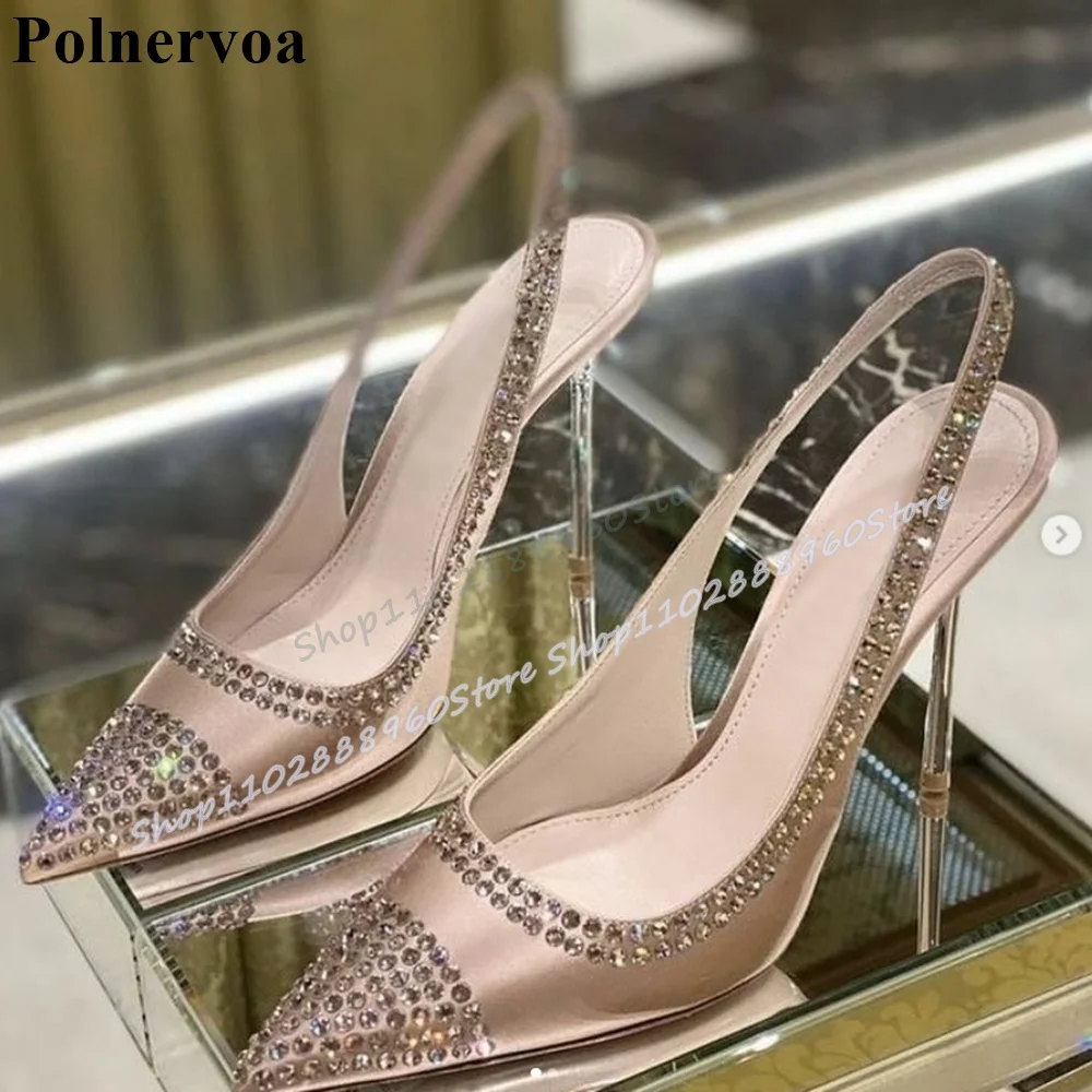 

Splicing Satin Crystals Slingback Pointy Pumps Thin High Heel Women Shoes Slip On Pointed Toe Luxury Gorgeous Banquet Pumps