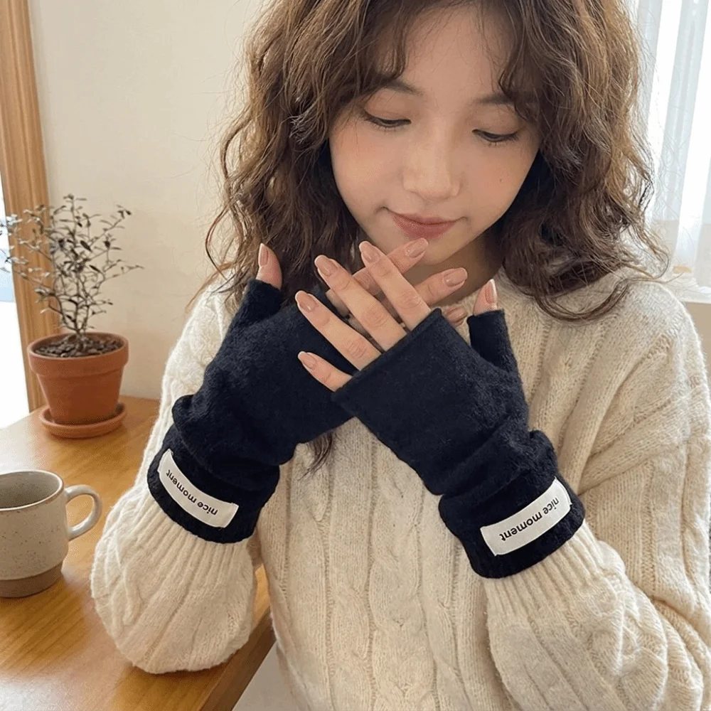 Casual Thick Warm Fingerless Knitted Gloves Soft Stretch Solid Color Arm Warmers Acrylic Fiber Faux Cashmere Hand Covers Women