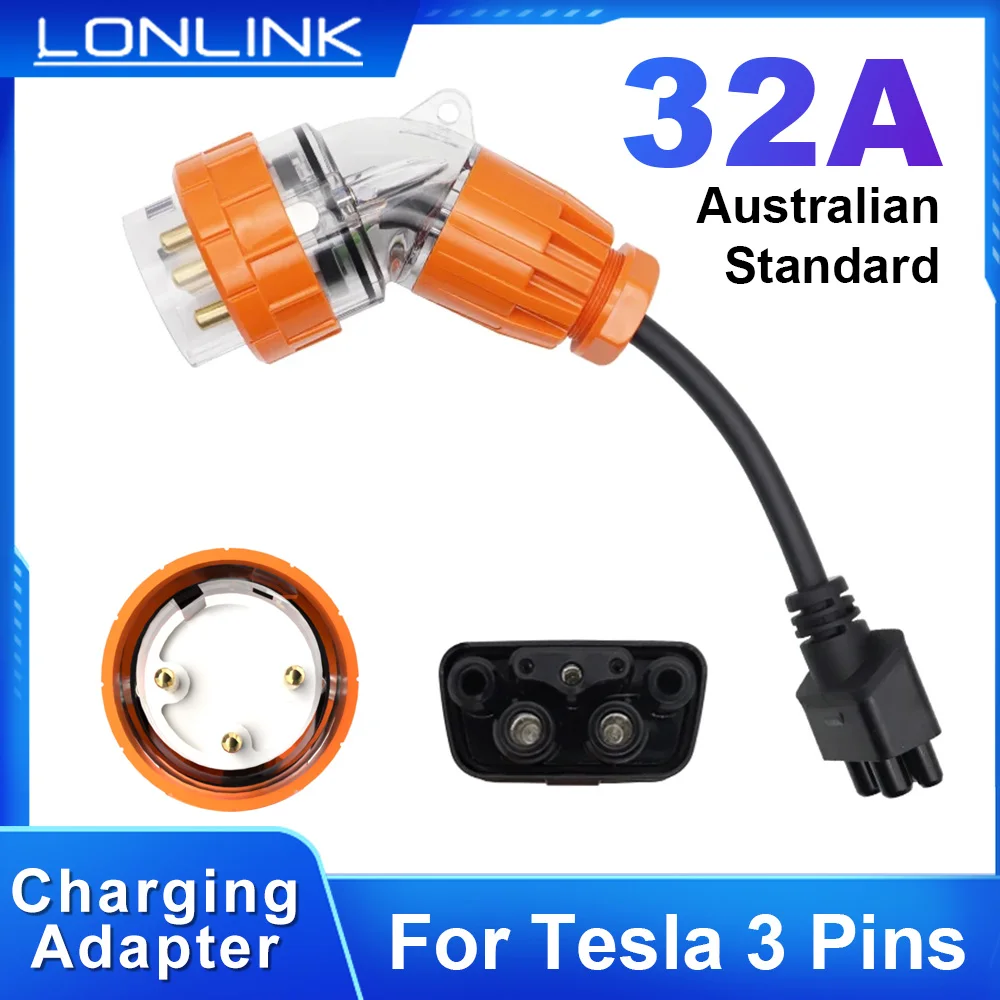 

LONLINK For Tesla 3 pin Adapter Tesla Model S,3,X,Y Gen 2 Australian Plug Ev Charger Extension Cord Connector 240V Outlet at 32A