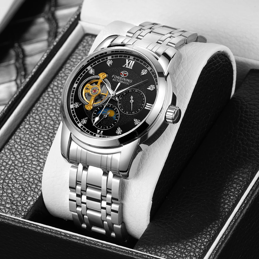 FORSINING Classic Black Diamond Dial Men's Mechanical Watch Stainless Steel Strap Moonphase Tourbillon Self-winding Wristwatches