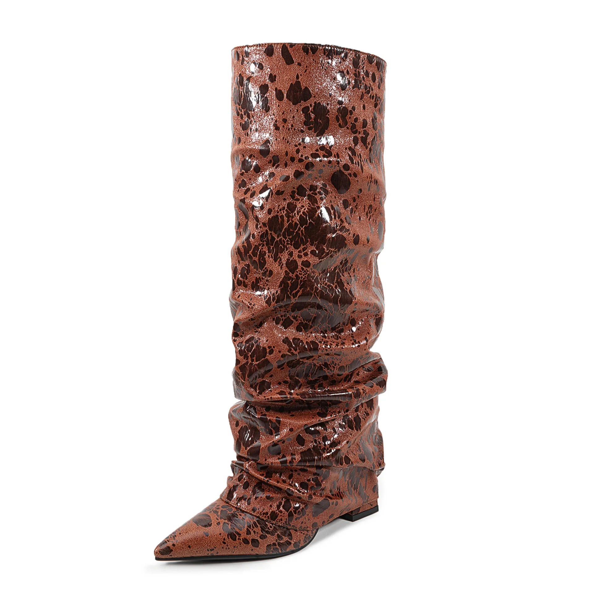 

Плиссированные женские сапоги до середины икры в европейском и американском стиле. Сапоги с острым носком на толстом каблуке. Модные ботинки с леопардовым принтом больших размеров.