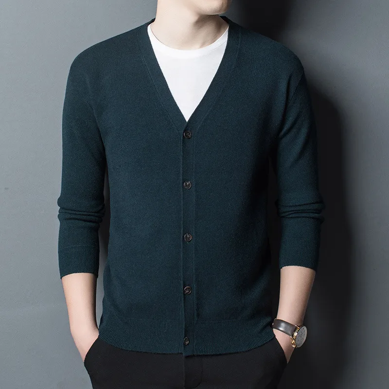 

Autumn and winter pure cashmere cardigan men's V-neck button pocket knitted coat thickened solid color casual loose
