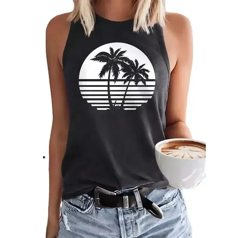 Summer Women's Cool Comfortable Tops Seaside Coconut Print Sleeveless Tops Daily Casual Vacation Tank Top