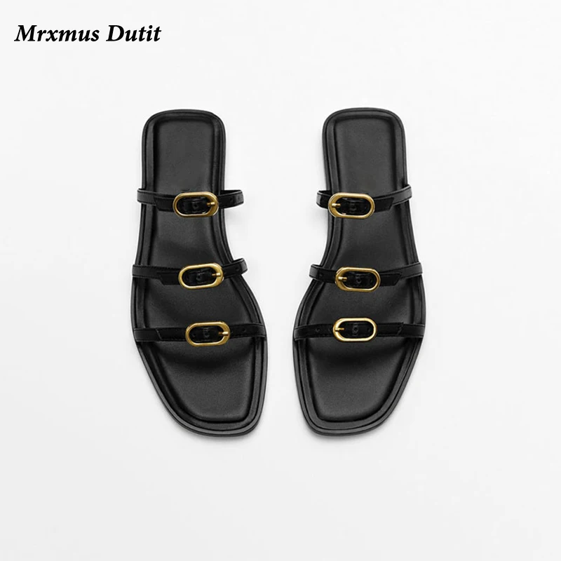 Mrxmus Dutit 2023 Fashion Women New Genuine Leather Metal Buckle Decoration Flat Slippers Casual Sandals Simple Shoes Female