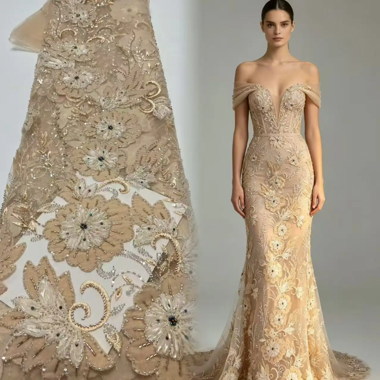 Luxury 3D Flower Embroidery Lace Fabric Beaded Tulle Net with Floral Sequins Ribbon for Evening Gown Wedding Dress Sewing Suppli