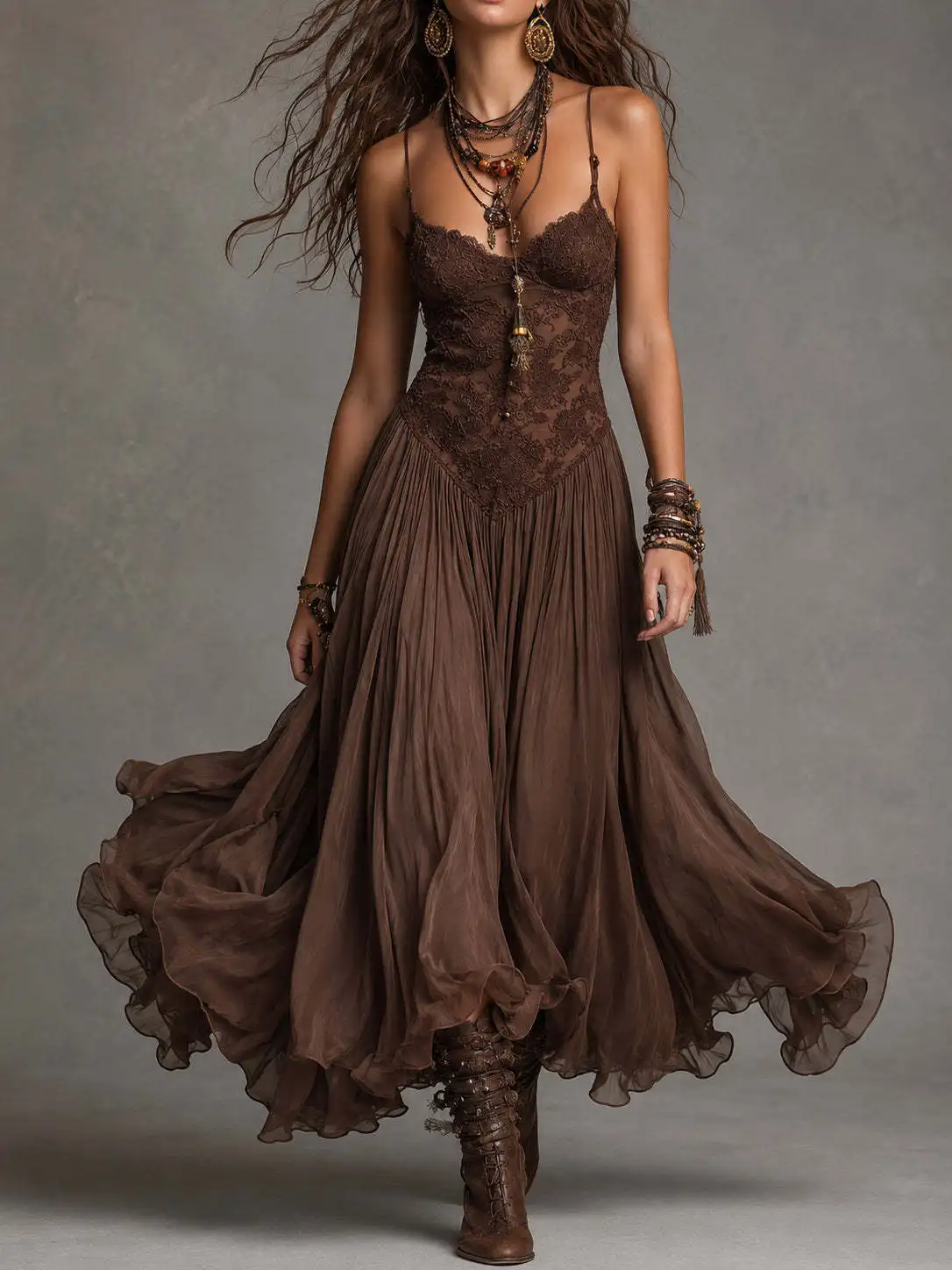 New 2026 Model: European and American Wind-and-Snow Fabric Printed Spaghetti Strap Fitted Maxi Skirt, Retro and Flowing Dress.