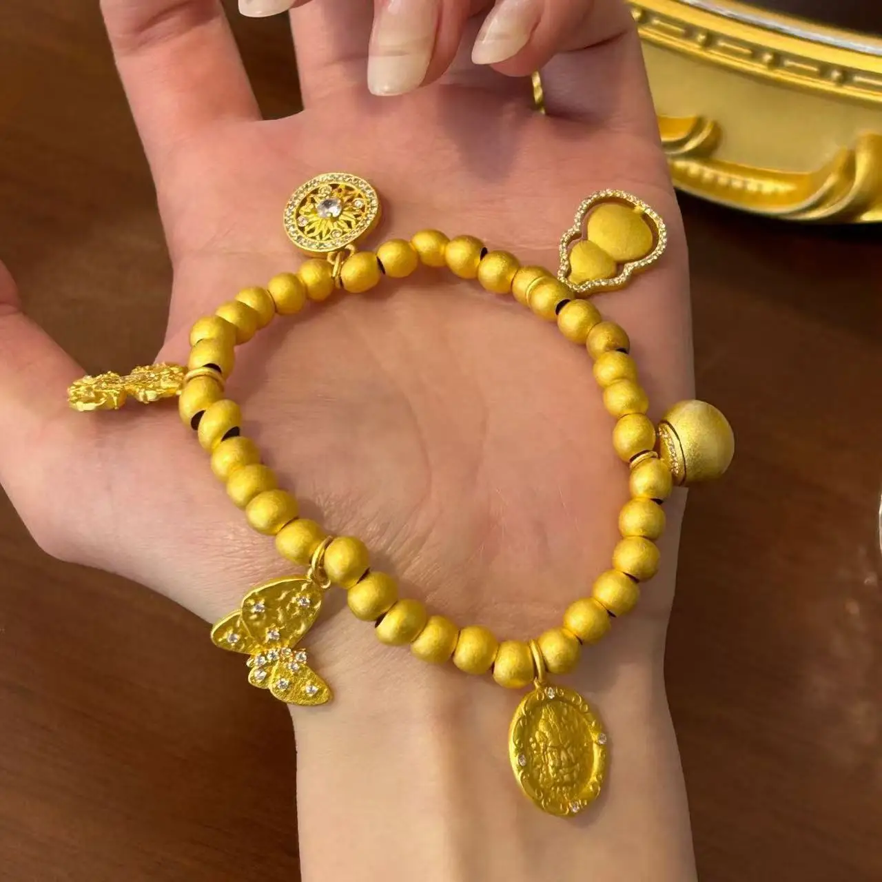 Mylux Jewelry Luxury 9999 24K real gold hollow filigree compass cross vajra bracelet gourd bead bracelet