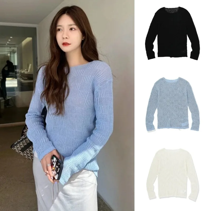 

LUXURY Knitted Women's Thin Korean Casual Round Neck Shoulder Long Sleeve Top 2025 Early Autumn New Collection