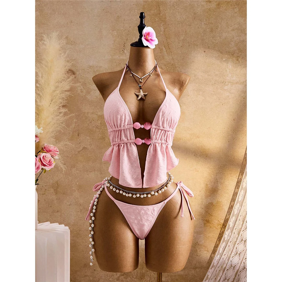 S - XL, geraffter Bikini, Tankini mit Trägern, Damen-Badeanzug, zweiteiliges Bikini-Set, gepolsterter Badeanzug, Badebekleidung, Modell V7819. – Detail 3