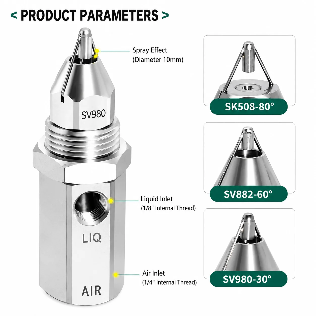 304 Stainless Steel Air Atomizing Nozzle – Ultrasonic Dry Fog, 30°/60°/80° Spray Angles for Dust Removal