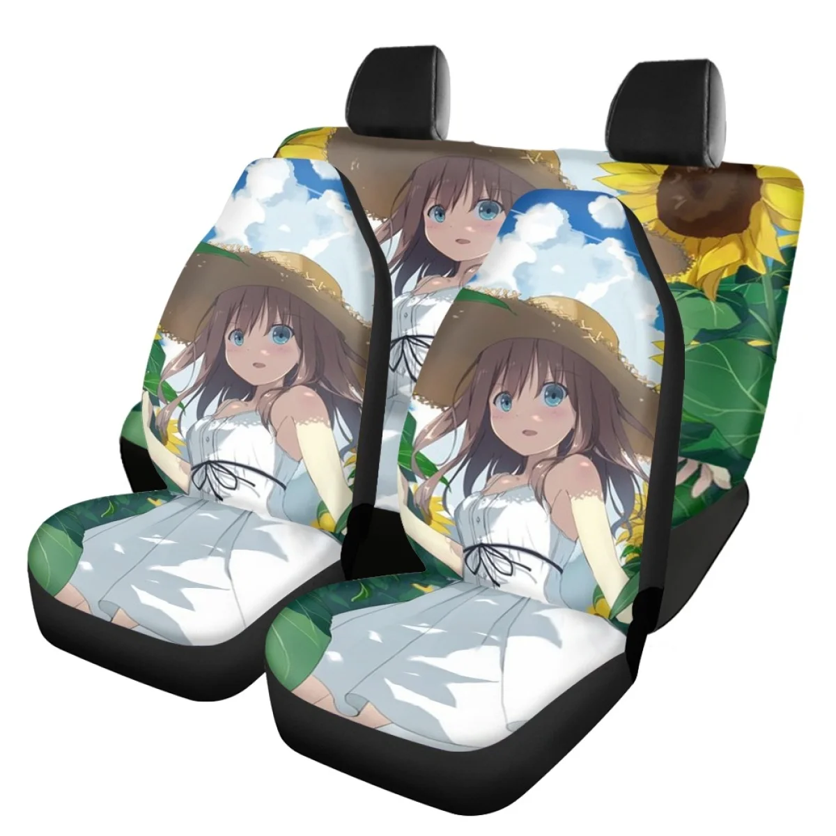 Cartoon Sunflower Girl Pattern Car Seat Cover Fit Most of Women Auto Intorior Decor Safety Belt Cover Steering Wheel Cover