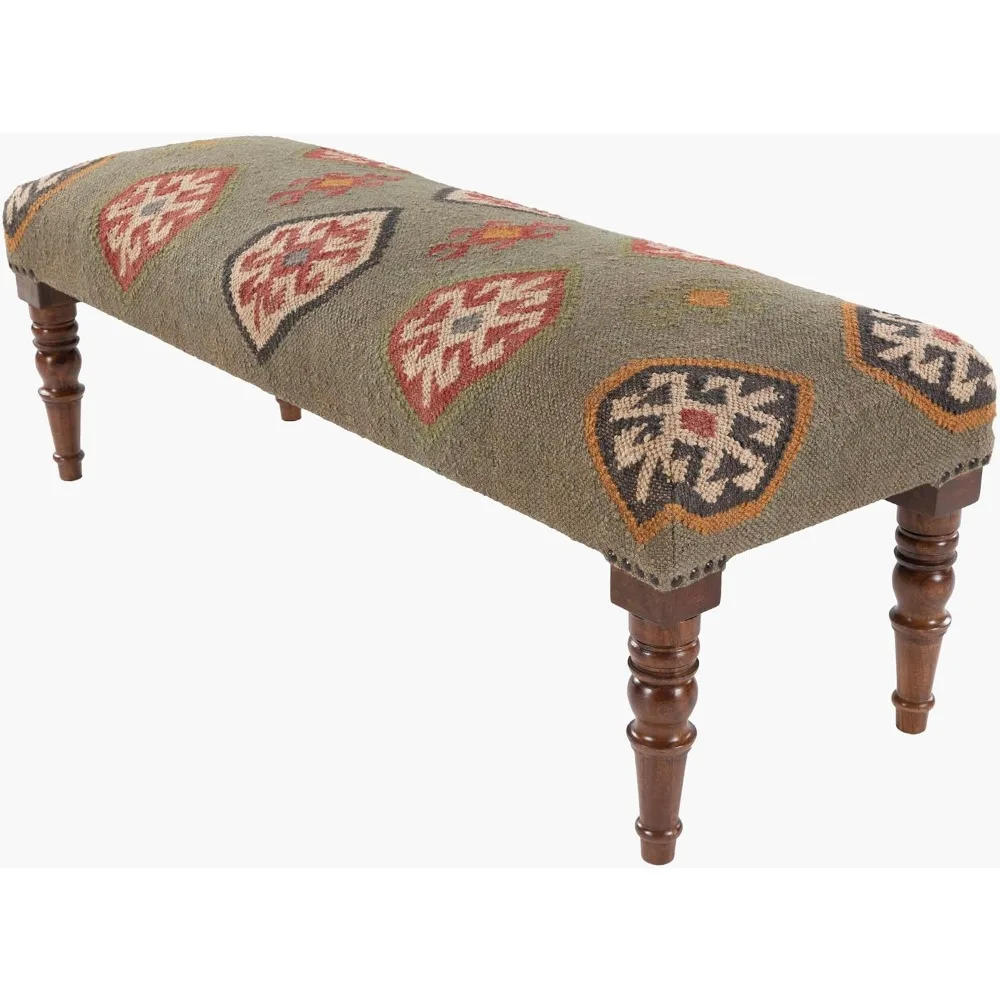 Ławka do sypialni Mark&Day, Gran Ciemnozielona Tapicerowana Ławka do Końca Łóżka, Rustykalny Stołek/Pufa do Przedpokoju w Stylu Boho, Ręcznie Robiona