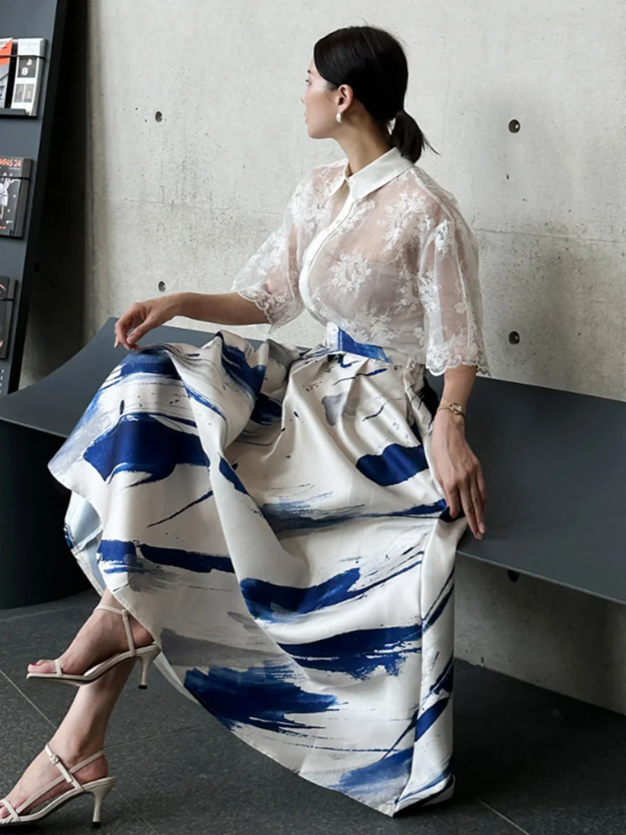 

Ele Queen 2026 Spring Summer Floral Print High Waist A-Line Skirt Elastic Waist Commute Women's Flavor f-length Skirt