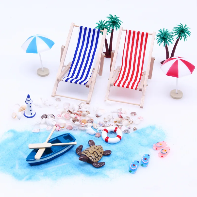 Dollhouse mini beach set, micro landscape summer shell sun umbrella, wooden beach chair