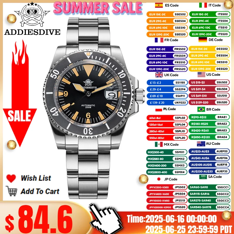 

ADDIESDIVE Watch For Men Sapphire Glass 200M Diving Date 316L Stainless Steel C3 Super Luminous Automatic Mechanical Watches