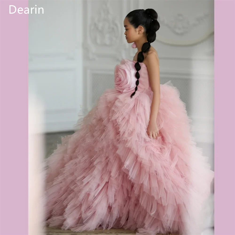 Customized Evening Dress Dearin Spaghetti Strap Ball Floor Length Skirts Tulle Layered Draped Sleeveless 3D Flower Girl Dresses