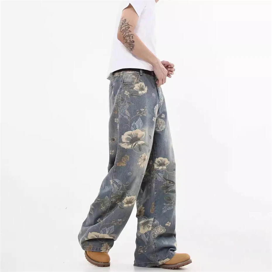 Hip Hop Flower Printed Jeans Mens Streetwear Punk Y2k Jeans Trousers Men Harajuku Vintage Washed Baggy Wide-leg Denim Pants