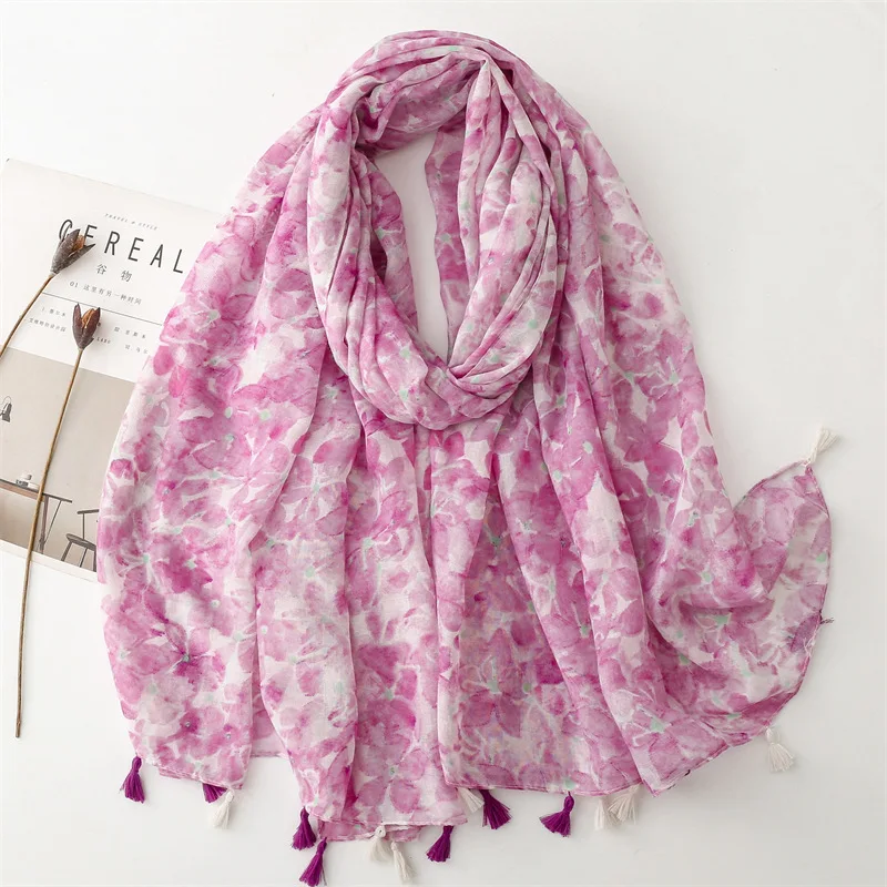 

2024 Spring Ombre Flower Print Tassel Scarf Shawls Long Floral Foulard Scarves Hijab Wrap Bufanda